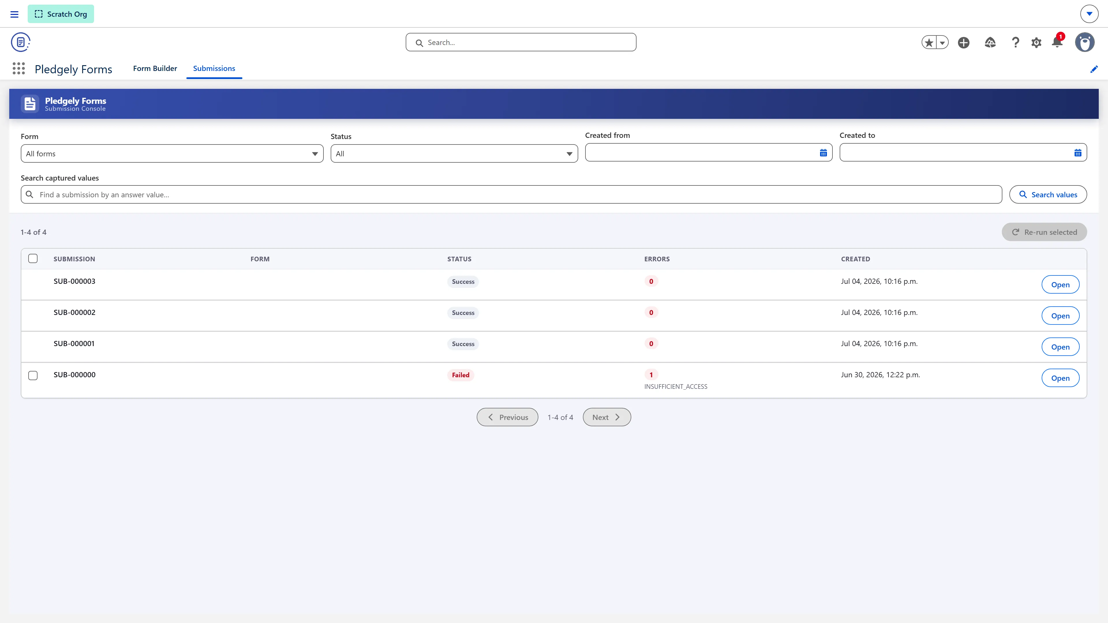 The Pledgely Forms Submission Console listing submissions across statuses with search and repair
