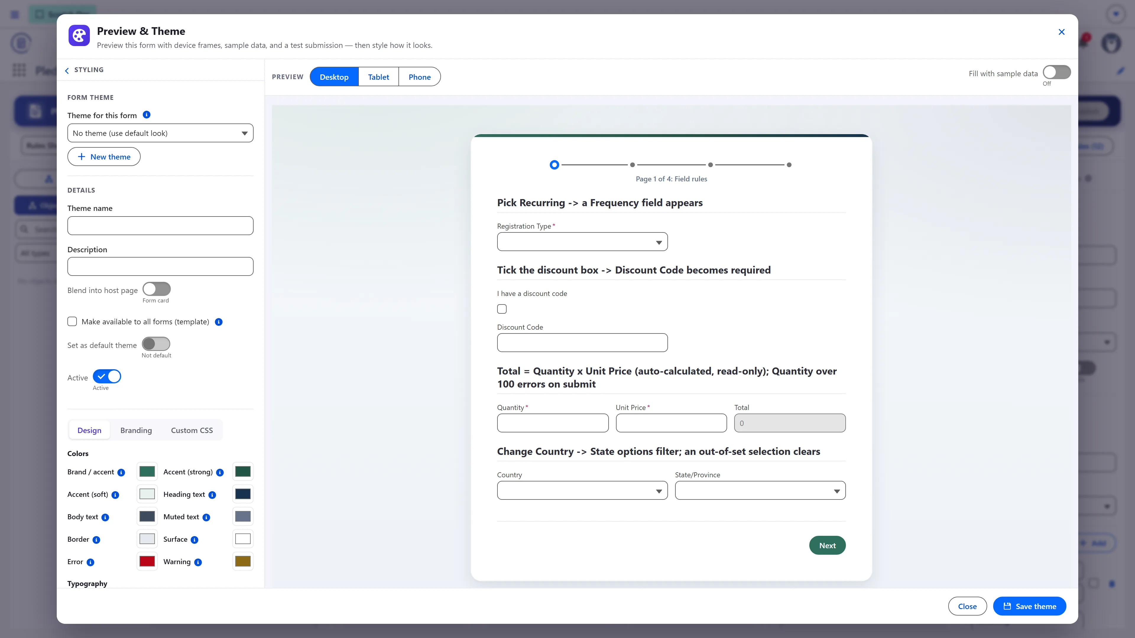 Pledgely Forms theming: design tokens, logo, and background with a live desktop and mobile preview