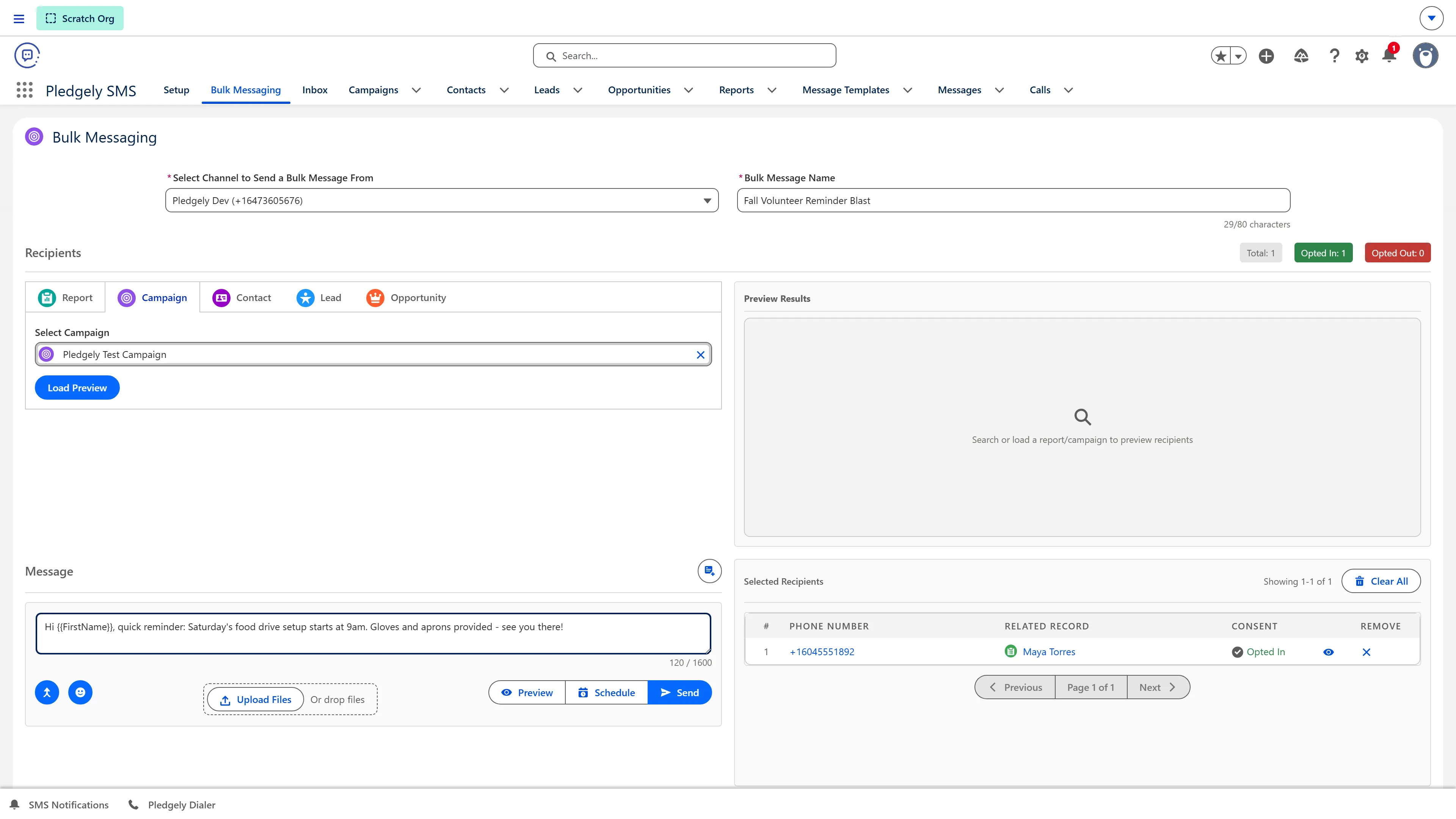 A bulk SMS campaign in Pledgely SMS with live send progress