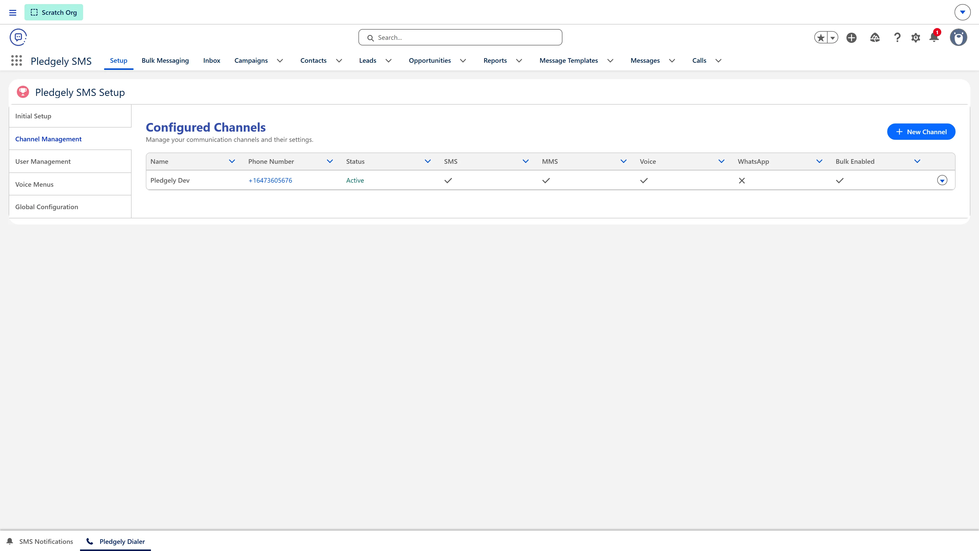 Pledgely SMS setup wizard validating Twilio credentials and connecting your number inside Salesforce