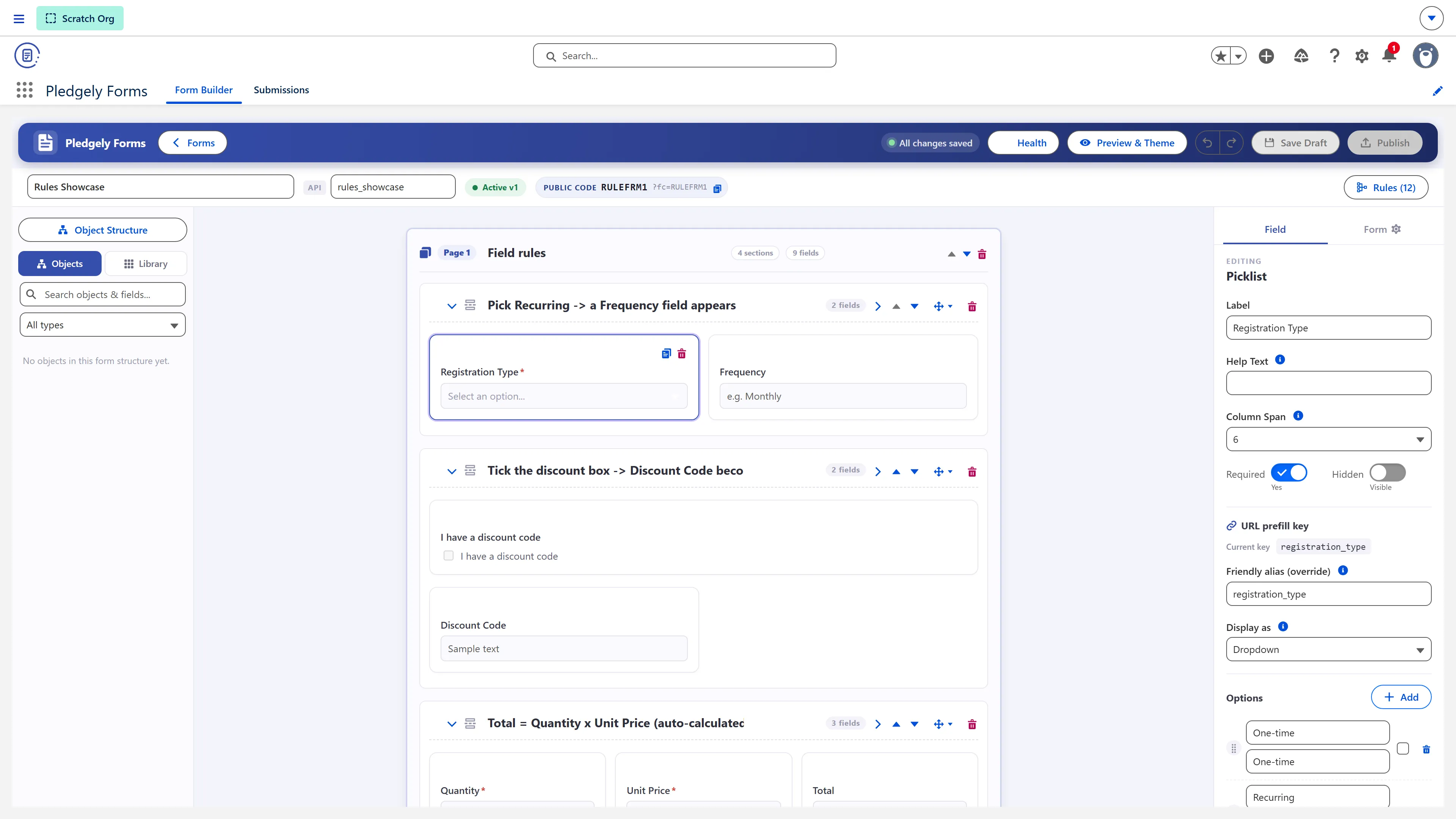 The Pledgely Forms builder: drag-and-drop canvas with the org's field palette and multi-page layout